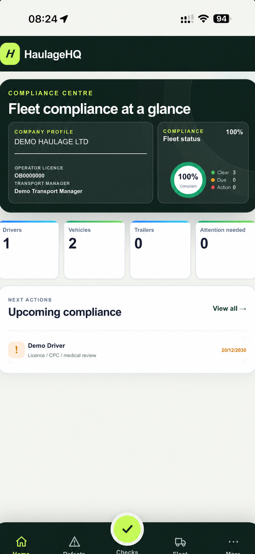 Privacy-safe HaulageHQ fleet compliance dashboard